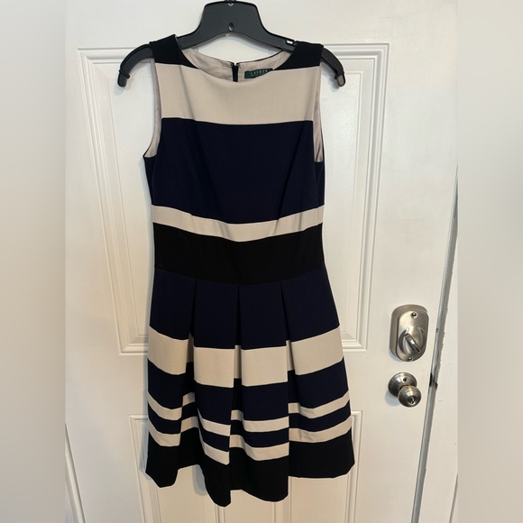 Ralph Lauren Striped a-line dress with pleated skirt  (black, navy & neutral) - Picture 1 of 8